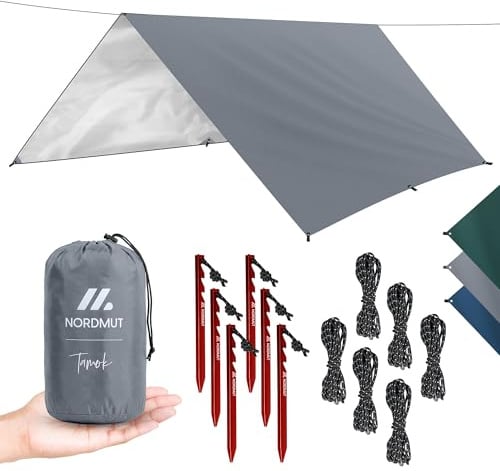 NORDMUT® Tarp 3x3/4m wasserdicht für optimalen Regen- und Sonnenschutz – Robuste Zeltplane kleines Packmaß mit Ösen – Tarp Ultraleicht für Camping & Wandern (Grau, 300 x 400 cm)