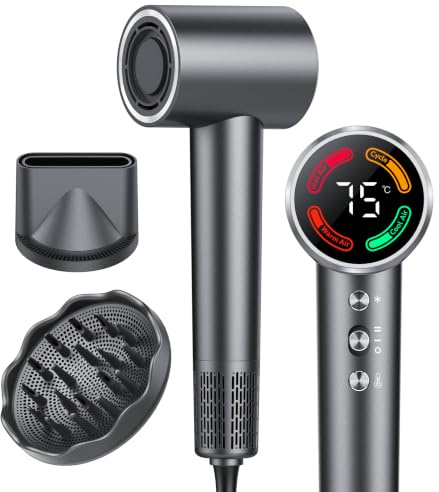 Secador de pelo compacto con difusor: secador de pelo de alta potencia de 600 vatios para un secado rápido, con regulador de temperatura silencioso, ideal para usar en casa y fuera de ella – Gris