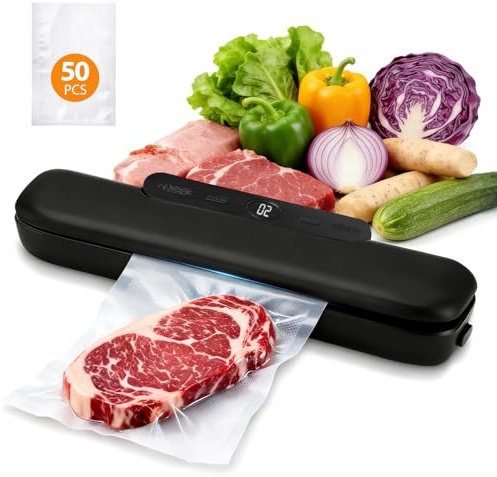 Dcceeo Envasadora al Vacio Alimentos, Maquina al Vacio Automática para Tanto Secos Como Húmedos Sellador al Vacío Portátil Maquina de Vacio para Alimentos con 50 Bolsas de Vacío