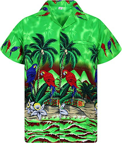 V.H.O. Funky Hawaii-Hemd, Herren, Kurzarm, Parrot, Grün, 4XL