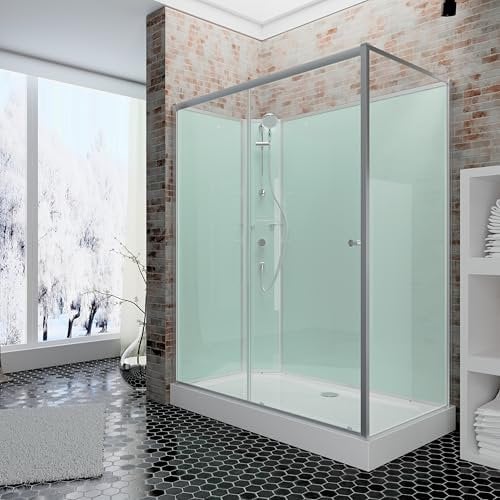 Schulte Fertigdusche Komplettdusche 120 x 90 cm Duschtempel Ibiza, 5 mm Sicherheits-Glas, Profile alu natur, Rückwände light-grün, Duschwanne weiß