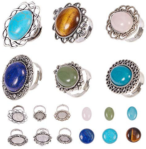 SUNNYCLUE 6pcs Argento Antico Regolabili impostazioni Anello Fiore Bianco cabochon con 6pcs Rotondo 20mm cabochon Gemma per Anello Fai da Te