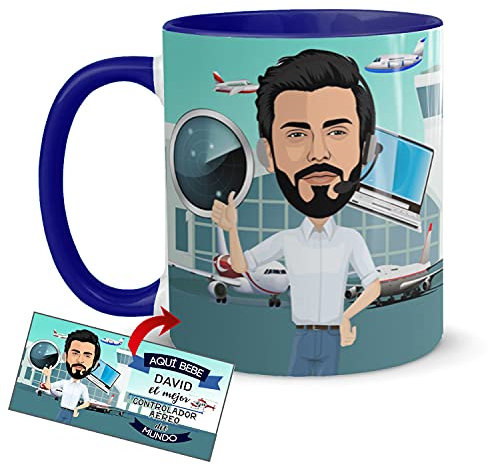 Kembilove Taza Personalizada Caricatura y Nombre – Taza de Café Aquí Bebe el Mejor Controlador aéreo del Mundo – Taza de Desayuno para la Oficina para Profesiones