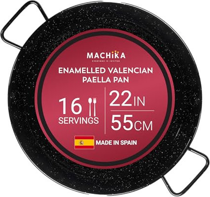Machika Paellera esmaltada | Paellera | Sartén para recetas de paella y arroz | Perfecto para interiores y exteriores | Fácil limpieza | Revestimiento a prueba de óxido | 16 porciones | 22 pulgadas |