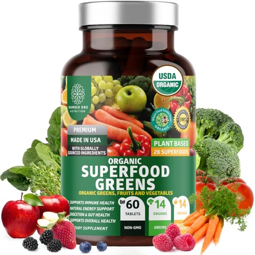 USDA Organic Superfood Greens, 28 Ingredients, Vegan, Non-GMO, 60 Tablets