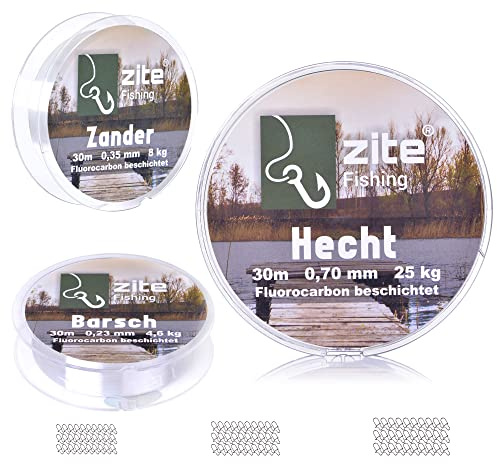 Zite Fishing Fluoro-Carbon Vorfach-Schnur Set - Monofile Angelschnur Beschichtet 0,23-0,7mm - Insgesamt 90m für Barsch, Zander & Hecht Angeln
