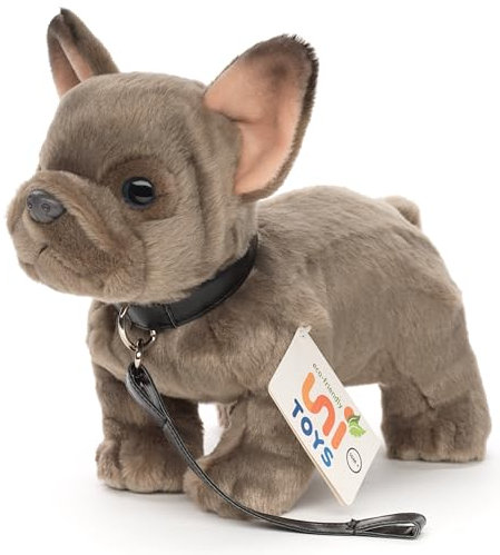 Uni-Toys - Französische Bulldogge (grau) mit Leine - 26 cm (Länge) - Plüsch-Hund, Dogge, Haustier - Plüschtier, Kuscheltier