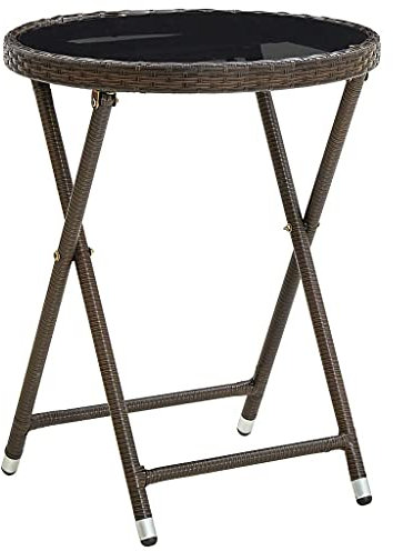 (Blitzlie ferung)Balkon Runder Tisch | Glastischplatte | Klappbares Design | Gartentisch | Campingtisch | Beistelltisch | Liege-Beistelltisch Beistelltisch Braun 60 cm Poly Rattan und Hartglas