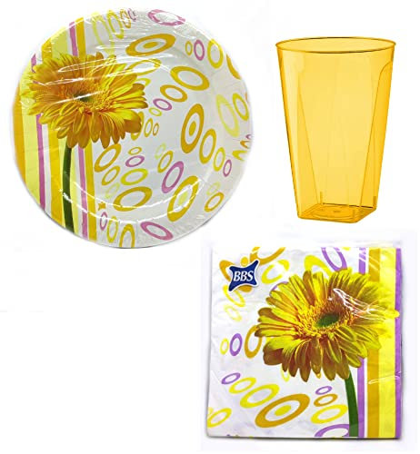 Set 76 pezzi - Kit Coordinato tavola Happy Flower con fantasia Gerbera giallo - decoro decorazione feste, compleanno bambini - 20 piatti + 16 Bicchieri + 40 tovaglioli