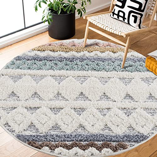 payé Teppich Rund - Hochflor Weich - 120x120cm - Boho Design - Pastellfarben Multi - Raute Ornamente - Skandinavisch Flauschig - Schlafzimmer Dekoration