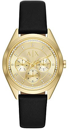 Armani Exchange Damen Quartz-Multifunktion Armbanduhr, 38.00mm GehäusegröÃŸe mit Gold analog Zifferblatt und schwarz Lederarmband Armband AX5656