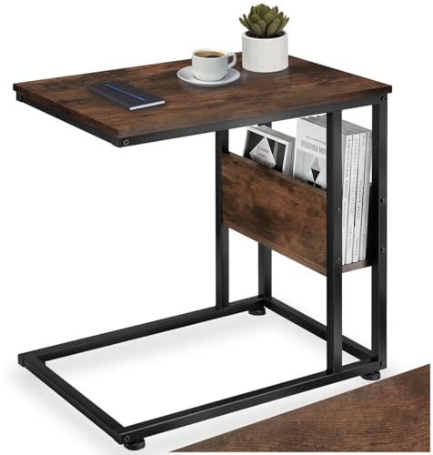 tectake® Beistelltisch Holz Metall, Wohnzimmertisch, Couchtisch C-Form, Laptoptisch für Couch, Betttisch, Sofatablett, Betttablett, Side Table, 55 x 36,5 x 60 cm - Industrial Holz dunkel, rustikal