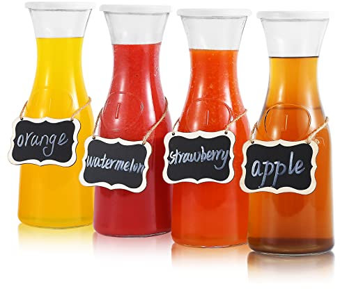 Set of 4 Glass Carafe with Lids , 1 Liter Beverage Pitcher Carafe for Mimosa Bar, Lemonade - 4 Wooden Chalkboard Tags Included