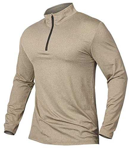 CARWORNIC Men's 1/4 Zip Long Sleeve Gym Running T-Shirts Quick-Dry Golf Tops Outdoor Fishing Hiking Polo Shirts Lightweight Pullover Breathable Spring Workout Athletic Khaki Tops