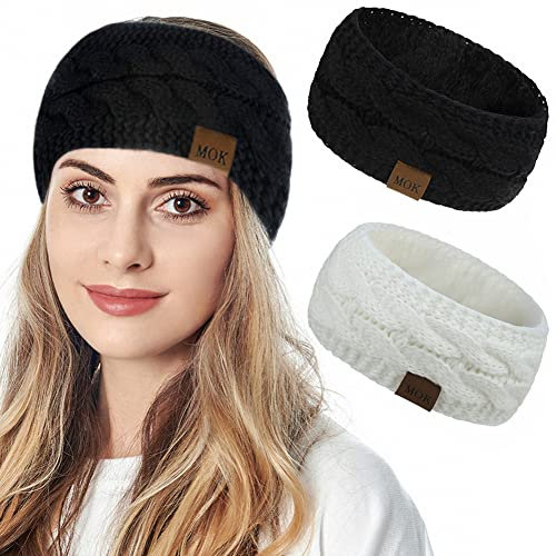 JFAN Bandeau Cheveux Femme Hiver Bandeau Oreille Tricoté Cache-Oreilles doux et Pelucheux 2 Pièces Noir+Blanc