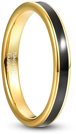 Corato 3mm Wolfram Ring Gold Eheringe mit Schwarz Emaille für Damen Dünn Partnerringe Flache Kanten Größe 60