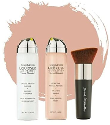 Jerome Alexander MagicMinerals AirBrush Foundation Make up Set - 3 Stück - Foundation + Fixier Spray + gratis Pinsel – Integriertes Make-up mit Hautpflege feuchtigkeitsspendend (Light)