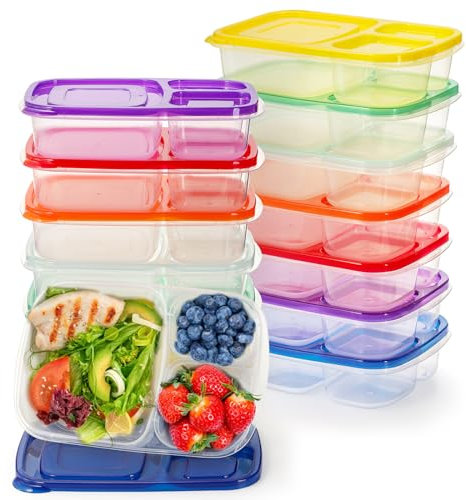 YOUEON 14 Pack Lunch Boxes, 3 Compartments Plastic Lunch Boxes for Kids, Reusable Meal Prep Containers with Lids, Divided Snack Food Storage Boxes for Traveling, Work, School, Picnic, 7 Colors