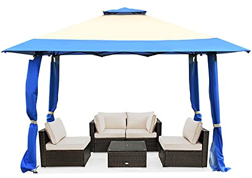 COSTWAY 4 m x 4 m Pavillon mit Doppeldach, Partyzelt aus Oxford-Gewebe und Metall, inkl. mit Tragetasche, Gartenpavillon für Garten Party Hochzeit Festival (Blau)