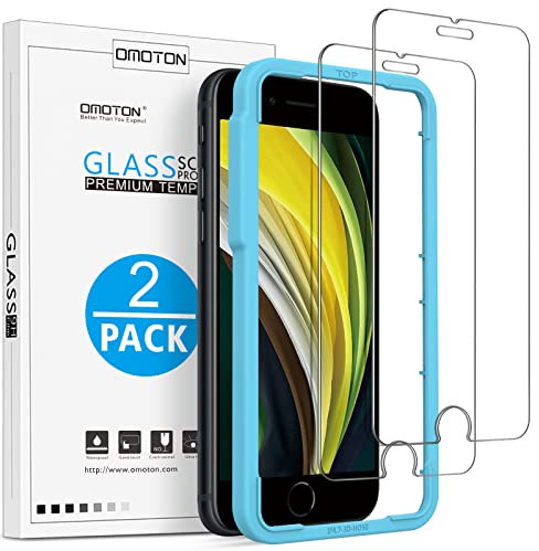OMOTON Panzer Schutz Glas für iPhone SE 2020/2022 und iPhone 8/7/6 mit Rahmen-Installationshilfe, Anti- Kratzer, Bläschenfrei, 9H Härte, HD-Klar, 2 Stück