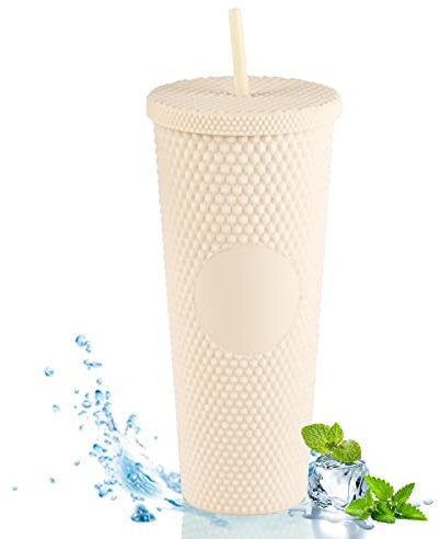 TWSOUL Trinkbecher mit Nieten, 710 ml, mit Deckel und Strohhalm, wiederverwendbarer Kaltbecher für Eiskaffee, doppelwandige Kunststoff-Wasserflasche (Gelb-Weiß)