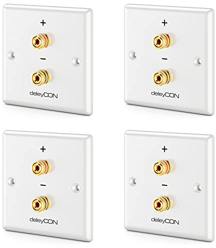 deleyCON 4 Pièces Prise Murale Multimédia Raccordement Haut-Parleurs Enceintes Plaque Murale avec Prises Banane pour 1 Haut-Parleur (Rouge/Noir) - Hifi Surround Sound System Home Cinéma Set de 4