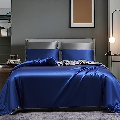 Boqingzhu Satin Bettwäsche 155x220cm Blau Grau Anthrazit Seide Glanzsatin Bettwäsche Set Luxus Glatt Glänzend Wendebettwäsche Set 3Teilig Bettbezug und 2 Kissenbezüge 80x80cm