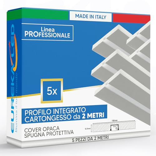 Eurekaled – 5pz Profilo in alluminio per strip led 2mt - Integrato in lastra di cartongesso spessore 12,5mm - Struttura pronta da incasso e montaggio - Taglio di luce con copertura opaca - A scomparsa