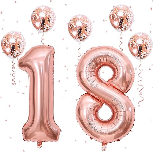 Govpy Rose Gold Number 18 Balloons, Foil Large Balloons 1 & 8, 40 Inch Self Inflating with Confetti for Girls Women 18th 81st Birthday Party Decor Anniversary Decorations Supplies