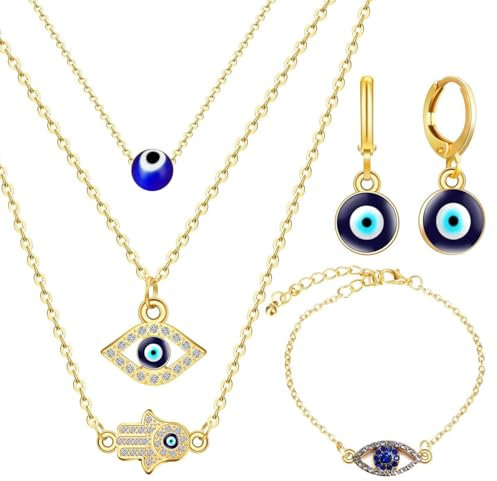 TOEECY 5 Stück Nazar Amulett Schmuckset Hamsa Hand Anhänger Halsketten Armband Ohrringe Glücksauge Talisman Mehrschichtige Kette Schmuck