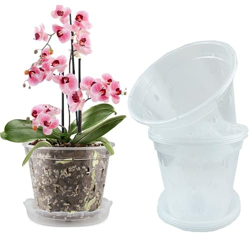 WDragon Pot à orchidée transparent en plastique avec trous et soucoupes pour kit de rempotage d'orchidées (5, 11 cm avec soucoupe) 11 cm, 14 cm, 17 cm