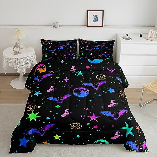 Halloween Fledermaus Tröster Set 135x200,Kinder Galaxy Starry Sky Bettwäsche Set,Kürbis Gothic Duvet Einsatz für Mädchen Jungen Teens Schlafzimmer,Glitter Sonnensystem Quilt,Schwarz Teal Blau Lila
