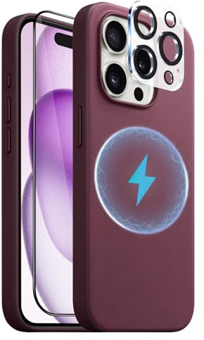 Poisyi iPhone 15 Pro fein gewebte Hülle mit Kameralinsenschutz und Displayschutzfolie aus gehärtetem Glas, kompatibel mit Magsafe (Maulbeere)