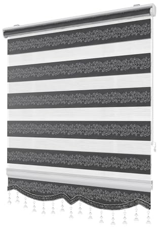 PlisseeOnline Doppelrollo Klemmfix ohne Bohren Schwarz Silber mit Muster und Perlen Duo Rollo für Fenster und Türen Plissee Rollo Gardine 70 x 150 cm Blickdicht Klemmrollo mit Perlen Seitenzugrollo