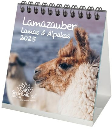 Lamazauber Kalender für 2025 Format 10cm x 10cm Lama Alpaka - Geschenkset Inhalt: 1x Kalender 1x Weihnachtsanhänger 1x Grußanhänger (gesamt 3 Teile)