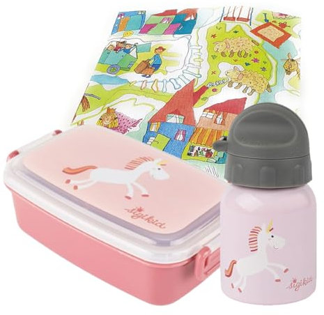 Sigikid Edelstahl Trinkflasche 250 ml & Brotdose-Set Kinder leicht Krippe KIGA Geschenkset (Rosa/Grau/Einhorn)