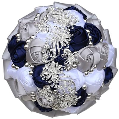 Satin-Rosen-Brautstrauß, Hochzeit, romantisches Zubehör, handgefertigte künstliche Blumen, Brautjungfern, Handdekoration, Brautstrauß (Farbe: Marineblau, Silber, Weiß, Größe: 18 cm Durchmesser)