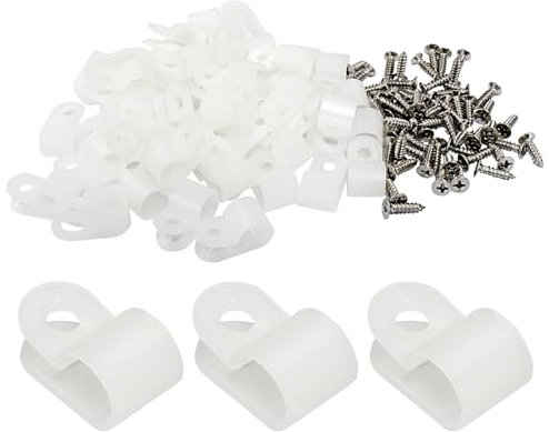 Hordion 50 Pack 3/8 Inch R-Type Cable Clips Cable Clamp, Nylon Mounting Clips Wire Fasteners for Electrical Wire Cord Management, White, ZC2405132846