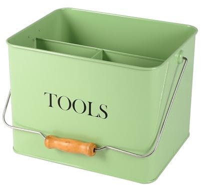 Xbopetda Garden Tool Storage, Metal Garden Tool Holder with Wooden Handle, 3 Compartments Garden Kitchen Caddy Tool Organiser, Gardening Tool Kit Holder Empty, Green Garden Hand Tool Storage Box