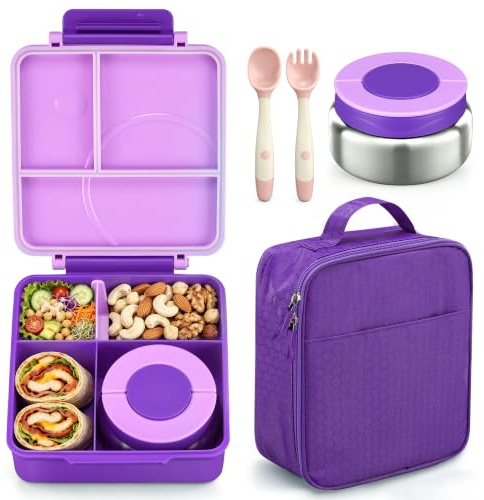 Bento-Lunchbox-Set für Kinder mit 237 ml Suppen-Thermo, auslaufsichere Lunchbehälter mit 4 Fächern, Kinder-Thermobehälter für heiße Speisen und isolierte Lunchtasche für Kinder zur Schule, Violett