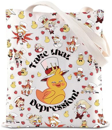 FOTAP Hazbin Cartoon Movie Merch Take That Depression Handtasche Hazbin Anime Einkaufstasche Dämon Ducky Tote Bag, weiß, 14.56INCHES