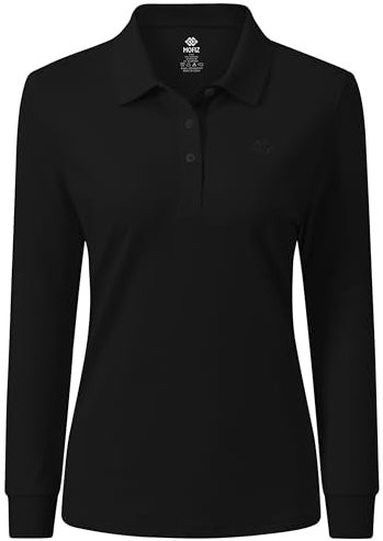 MoFiz Women's Long Sleeve Polo Shirts Lady-fit Golf Tennis Top Cotton Casual Work Golf Gym Active Sport Shirt with Buttons Black Size US L