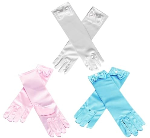 LALADEFIEE Lange Satinhandschuhe für Mädchen | 3 Paar, mit Schleifenmanschette, Prinzessin-Design, ideal für Kinderparty, Hochzeit, Ballett, Theater, Fotoshooting