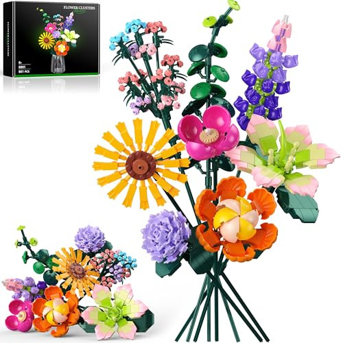 Flowers Bouquet Plant Building Set, 9 Decorative Artificial Flowers, 861 PCS Botanical Collection Building Blocks Kit Toys, Gift for Kids Adults Women Valentines Mothers Day Girls Birthday 6+