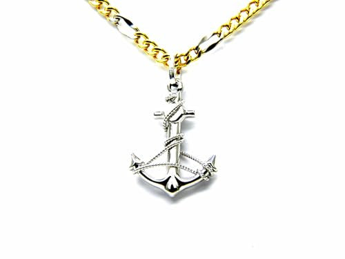 PEGASO GIOIELLI Collana da Uomo in Oro Bianco e Giallo 18kt Catena Figaro Bicolore cm 50 Pendente Ancora Filo Corda Bianco