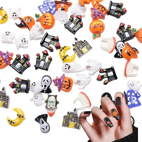 3D Halloween Nail Charms, 100 Pcs Cute Ghost Bat Pumpkin Halloween Nail Charms Flatback Resin Charms Nail Gems Nail Art Decorations Accessories for Nail Design DIY Crafting (Multi-Colored A)