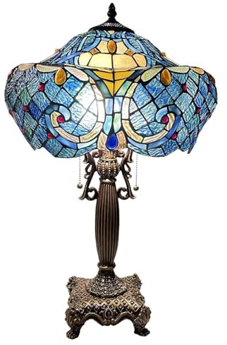 Bieye L30784 Barock-Tischlampe im Tiffany-Stil aus Buntglas mit 16 Zoll breitem Lampenschirm für Wohnzimmer, Schlafzimmer, Heimdekoration, 24 Zoll hoch (blau)