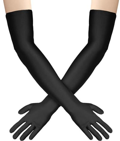 Meleager Handschuhe Schwarz Lang, 1 Paar Lange Handschuhe Damen, Satin Long Gloves, Classic Abendhandschuhe 20er Jahre Elegant Damen für Halloween Karneval Fasching Fest Party Kostüm