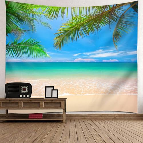 Mesnt Wandbehang Palme, 200x200cm Palmblätter Meer Strand Landschaft Tapisserie Dekoration für Schlafzimmer Wohnzimmer | Blau Grün Beige