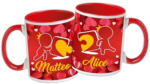 t-shirteria Coppia Tazze di San Valentino con Nomi Personalizzati Tazza Interno e Manico Rosso, in Ceramica, Originale Idea Regalo Lui Lei Fidanzati (Omini Puzzle)